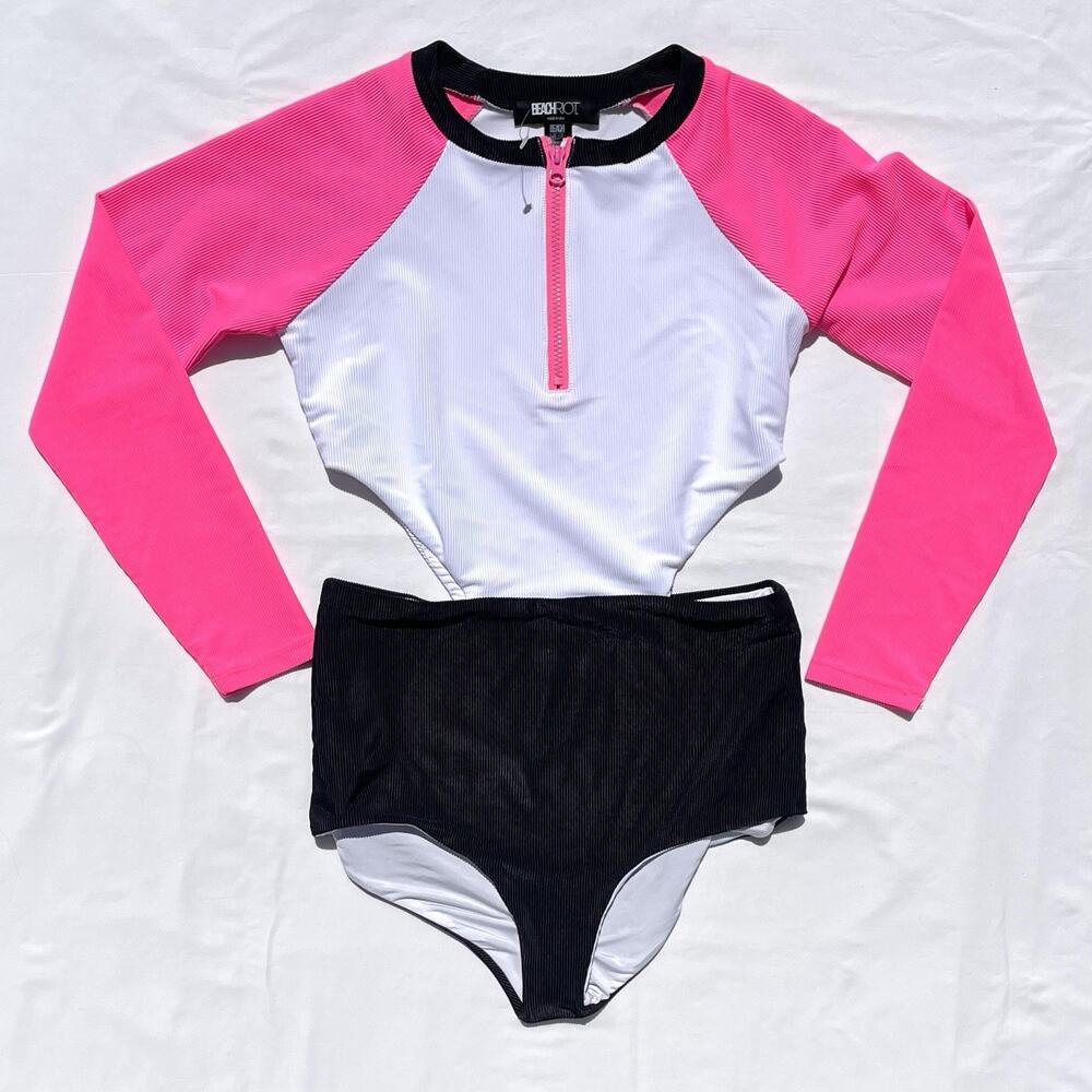 Beach Riot Bethany Springsuit One Piece Cut Out Swimsuit Womens Large Pink Black